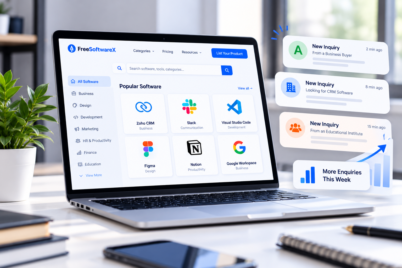 FreeSoftwareX open on a laptop, with recent buyer enquiries