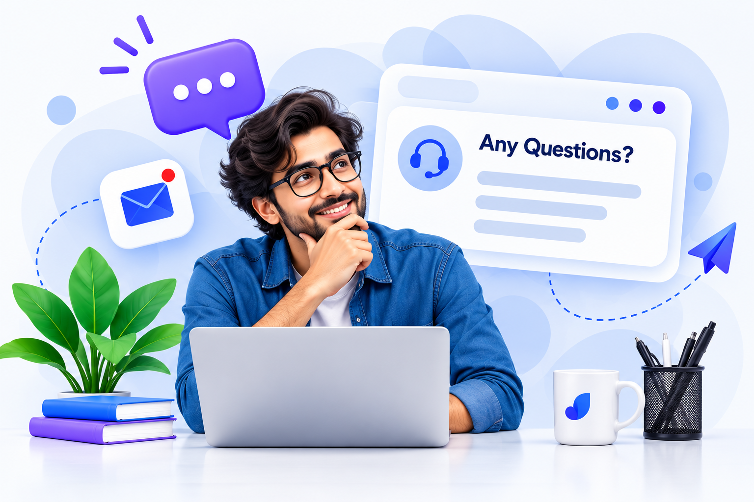 A person thinking about a question, surrounded by message and support icons