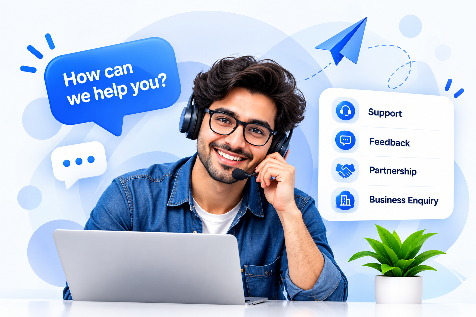 A FreeSoftwareX support agent with a headset, ready to help with support, feedback, partnership and business enquiries