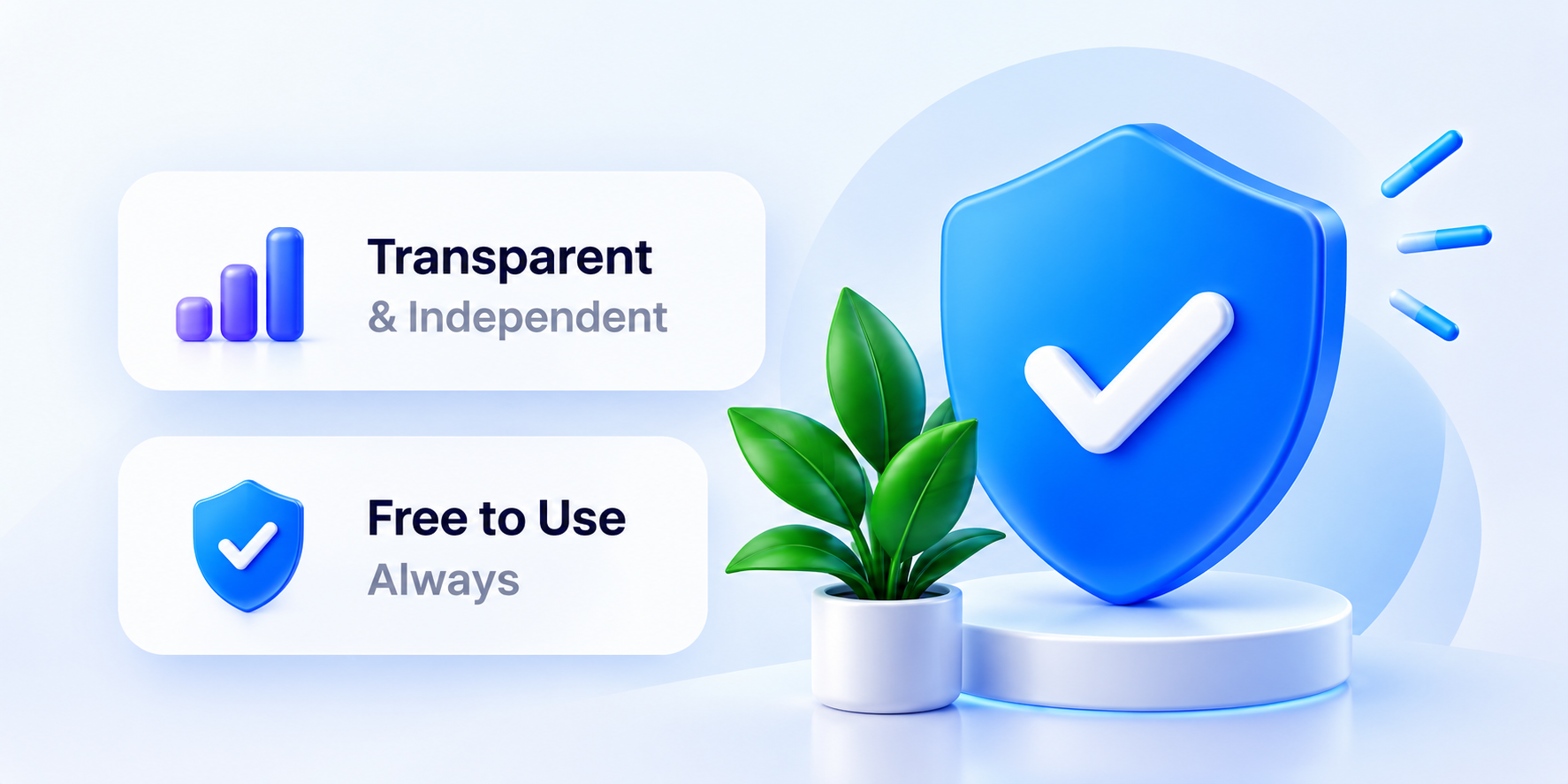 Transparent and independent, free to use always — a shield with a checkmark representing FreeSoftwareX's trust commitment